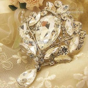 Gümüş Kaplama 3.5 Inç Tear Drop Temizle Rhinestone Kristal Düğün Gelin Broş Pin