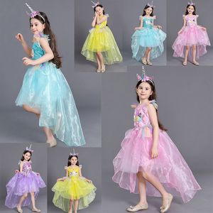 Einzelhandel Baby Mädchen Einhorn Regenbogen Appliziert Prinzessin Kleider mit nachlaufenden Schwanz Kinder Halloween Cosplay Party Kleid Kostüme Kleidung