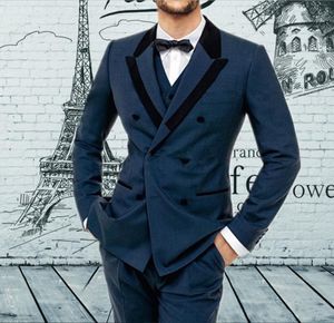 Nowy Blue Groom Tuxedos Double-Breasted Groomsman Wedding 3 Piece Suit Moda Mężczyźni Business Party Jacket Blazer (kurtka + spodnie + krawat + kamizelka) 76