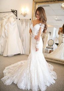 Hot Sale Robe de Marie Mermaid Bröllopsklänningar 2020 Deep V-Neck Vit Sheer Illusion Långärmad Brudklänning Spetsar Bröllopsklänningar