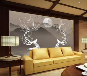 Tapeta 3d Nowy Chiński styl Ręcznie rysowane Elk Sika Deer Sceneria Tapeta 3D na ścianie Walki TV Tapeta Wall Decoration Wallpaper