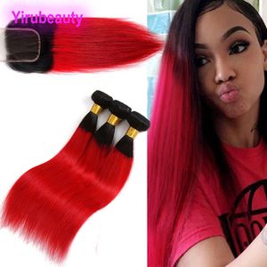 Malaysian Human Hair 1B Red Silky Straight 4 Pieces/lot Bundles With 4X4 Lace Closure 1B/Red Ombre Color Hair Extensions Straight Yiruhair