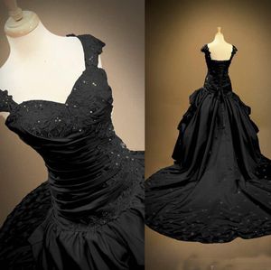 Black Gothic Wedding Dresses Lace Applique Pleats Cap Sleeves Beads Lace up Back Chapel Train Bridal Gown Black Wedding Gowns