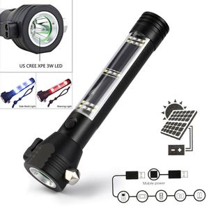 Multi-function Solar LED Flashlight Window Breaker Hammer Tools Survival Emergency Torch Light with Compass for Outdoor Camping Hiking