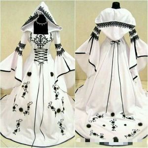 Vintage keltische Brautkleider in Schwarz und Weiß mit Hut, A-Linie, nicht traditionelle Brautkleider mit Stickerei, Korsett, Top, hohe Qualität
