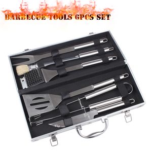 6 Piece Grill Tools Set med bärande aluminiumsfall Rostfritt stål Grillningsredskap inkluderar Spatel Tong Kniv gaffel och penslar