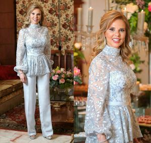 2020 Two Piece Mãe da noiva Pants Suit alta Neck Appliqued Lace Convidado de Casamento vestidos de mangas compridas tornozelo comprimento Satin mãe do vestido