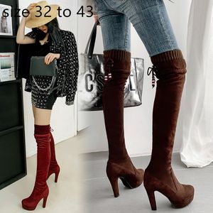 Czerwony Brązowy Knitting Patchwork Over The Knee Udo High Boot Luksusowe Designer Kobiety Buty Wysokie Obcasy Buty Rozmiar 32 do 42 43