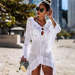 New Beach Cover Up Crochet For Women Knitted Tassel Tie Beachwear Summer Fashion Swimsuit Cover Up Sexy See-through Beach Dress