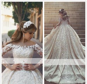 2019 арабская принцесса прозрачные длинные рукава свадебное платье мяч платье кружева аппликации церковь формальное невесту свадебное платье плюс размер на заказ