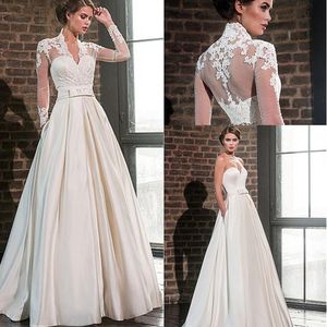 Elegante querida cetim a linha vestidos de casamento com jaqueta de renda mangas compridas decote em v até o chão vestidos de noiva bolsos robe de mariage