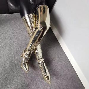 Olomm Handmade Women Thigh High Boots Sexy Stiletto Heels Boots Pointed Toe Gorgeous Champagne Shoes Women Plus US Size 5-15