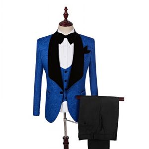 Embossing Groom Tuxedos Royal Blue Groomsmen Wedding Dress Black Lapel Man Jacket Blazer Dinner 3 Piece Suit(Jacket+Pants+Vest+Tie) 1286