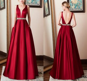 Empire talia ciemnoczerwone sukienki wieczorne zużycie formalne 2019 zanurzanie v otwarte back koralikowe szarfy satynowe sukienki na studniowe suknie wieczorowe imprezę tanie długie
