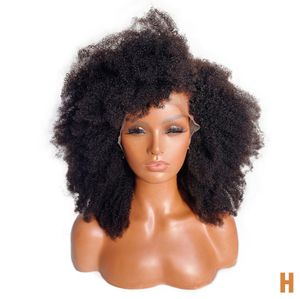 Peruca encaracolada afro kinky com franja parte profunda peruca frontal de renda sintética para mulheres 180% densidade peruca de cabelo curto mongol