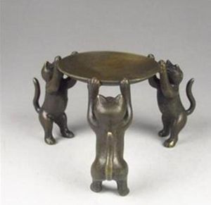 Chinese Bronze Plate Cats Animal 3 Cat oil lamp Candle Holder Candlestick statue