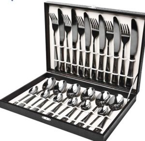 Dinnerware Set Black Gold Stainless Steel Flatware Sets Tableware Cutlery Spoon Set Party Supplies Kitchen Wood Gift Box 24 PCS
