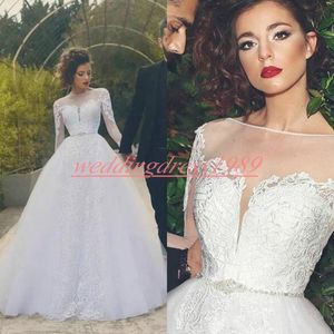 Glamorösa arabiska Dubai Bröllopsklänningar Långärmad Lace Sheer Beads sa Mhamad Vintage Robe de Mariée Bride Ball Bridal Gowns Plus Storlek