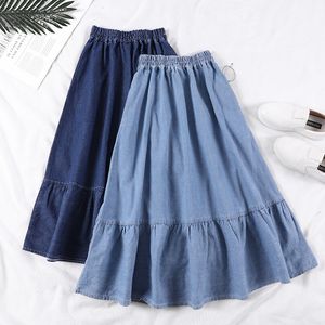 Summer Saia Female A-Line Long Denim Skirt Pockets Women High Waist Midi Jeans Skirts Dark Blue,Light Blue Plus Size Skirt V191202