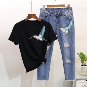 2019 primavera feminino lantejoulas pássaro 2 peça conjunto de manga curta t camisa topos + casual buraco calças jeans moda dois