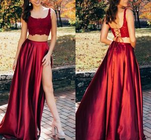 Burgundy 2 Pieces Homecoming Prom Dresses Long Sexy Side Split Lace Corset Back Spaghetti Cheap Graduation Dress Cocktail Party Gowns Cheap