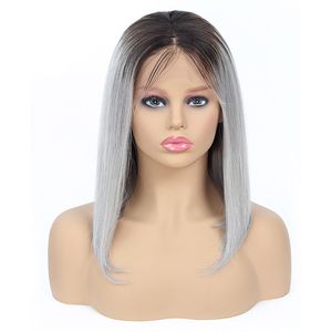 Indian Ombre Human Hair Sily Prosty 1B/Grey 1B/Pink 13x4 Lace Front Bob Peruka 10-16 cali krótkie peruki Bob