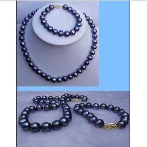 HOT 9-10mm braccialetto collana di perle nere di Tahiti naturali set oro 14K