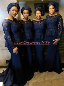 Langarm Meerjungfrau Spitze Brautjungfernkleider Afrikanische Junioren Trauzeugin Kleid Hochzeit Gastkleidung Abend Formal Plus Size Partykleider Abschlussball