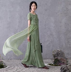 Wholesale round dresses resale online - Ethnic and elegant fashion Women s Maxi LongDresses Linen Blend cotton dress Big yards round collar embroidered on it