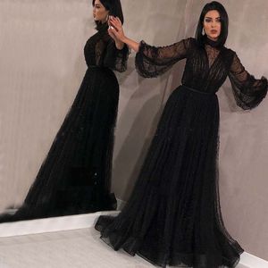 Eleganta svarta muslimska kvällsklänningar 2020 Långärmade Saudiarabiska Kaftan High Neck Pearl Dubai Prom Dress Plus Storlek