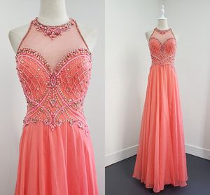 Brautjungfernkleid aus Korallen-Chiffon mit großen Perlenstickereien, bodenlanges, langes Partykleid