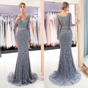 Bling Bling Evening Dresses Full Sequins V Neck Girls Pageant Luxury Dresses Mermaid Floor Length Women Formal Gowns