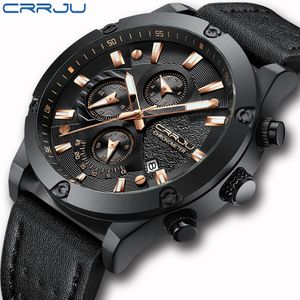 reloj hombre crrjuファッションウォッチメン6ピンクロノグラフ革の防水石英リストウォッチメンズアウトドアスポーツウォッチ