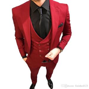 Wysokiej jakości jeden przycisk Red Groom Tuxedos Notch Lapel Mężczyźni Garnitury Ślub / Prom / Dinner Best Man Blazer (Kurtka + Spodnie + Kamizelka + Krawat) W451