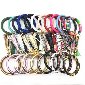 10pcs Mixed Colors PU Leather O Key Chain Custom Circle Tassel Wristlet Bracelet Keychain Women Girl Key Rings Wrist Strap