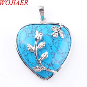 WOJIAER Love Heart Gem Stone Necklaces Pendant Natural Blue Turquoise Stone Charms Bohemian Style Women Jewellery N3186
