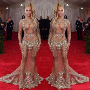 Sheer Beaded Evening Dress Beyonce Met Ball Red Carpet Dresses Nude Naked Celebrity Gown See Through Formal Wear Sweep Train Backless