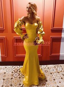 Sexy Gold Satin Mermaid Evening Dresses Gowns Long Ruffle Sleeve Sweetheart Sheath Plus Size Vestido de noche Prom Formal Party Pageant