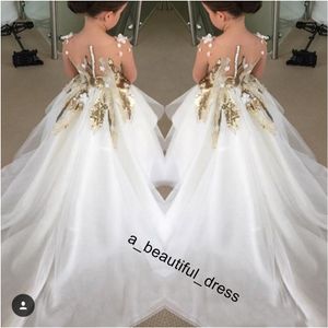 Düğünler Uzun Kollu Altın Pullarda Yarışması Parti Gowns ilk komünyonu Elbise İçin Çocuk Gençler Custom FG1291 İçin Güzel Çiçek Kız Elbise