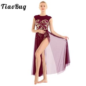 TiaObug Sem mangas Lantejoulas Florais Gymnastics Ballet Leotard Mulheres Vestido Longo Adulto Moderno Moderno Contemporâneo Dança Lyrical Trajes