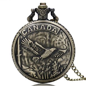 Retro Bronze Canada Eagle Case Design Cool Quartz Pocket Watch Fob Klockor med halsband kedja för män pojkar