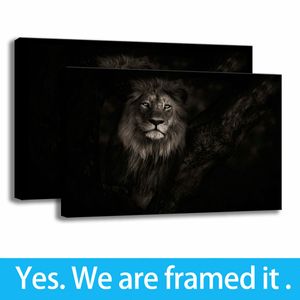 Black Lion Pictures Wall Decor Simple Art Animals HD Print on Canvas Oil Painting - Ready To Hang - Framed