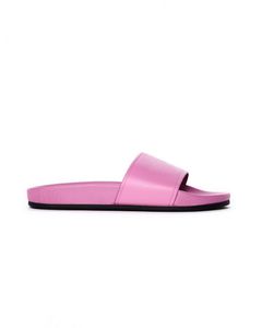 Mens och kvinna Piscine Pink Leather Slides Flats Slippers Boys Girls Logo Pool Slip på sandaler