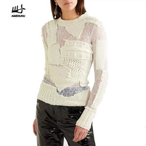 AIMENUUNU HALLOW OUT Вязание Женский свитер с длинным рукавом лоскутное кружева белый пуловеры женские осенние моды прилив 2019