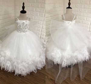 Luxurious Real Feathers Pearls Embroidery Flower Girl Dresses With Big Bow Spaghetti Lace-up Prom Evening Dress Toddlers Pageant Dress Girls