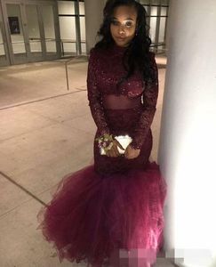 Bury Black Girls Prom Dresses Long Sleeves Illusion Bodice Lace Appliqued Tulle Mermaid Sequins Formal Ocn Wear Evening Gown