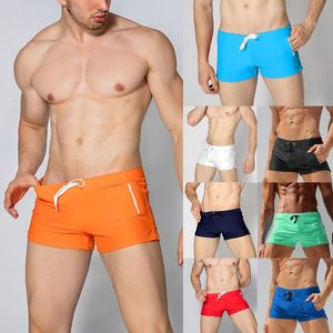 Men Swimwear Boxer Briefs Solid Color Drawstring Waist Beach Board Shorts Quick Dry Summer Swim Trunks with Zipper Pocket S-2XL
