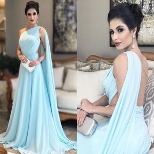 One Shoulder Light Sky Blue Formal Evening Gowns Pleated Chiffon Illusion Back Floor Length Saudi Arabic Prom Dresses