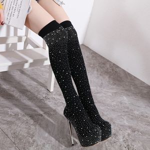 elastico glitter strass sopra il ginocchio stivali alti alla coscia piattaforma di lana tacchi alti stivali da donna di design di lusso taglia da 35 a 40 tradingbear