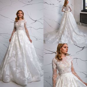 2020 Långärmad bröllopsklänningar Jewel Appliqued Lace Beaded Printed Bröllopsklänning A-Line Custom Made Sweep Train Ruched Robes de Mariée